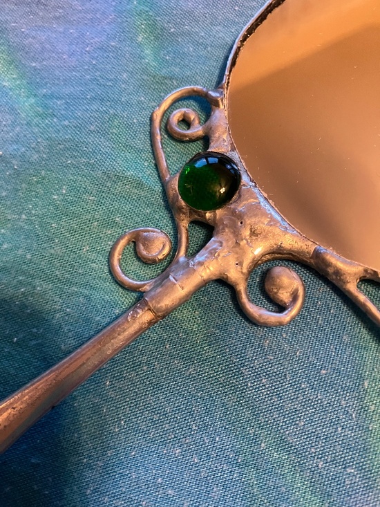 HAND HELD MIRROR, HAND MADE. HANDLE IS MADE FROM A PIECE OF VINTAGE SILVERWARE - Picture 7 of 11